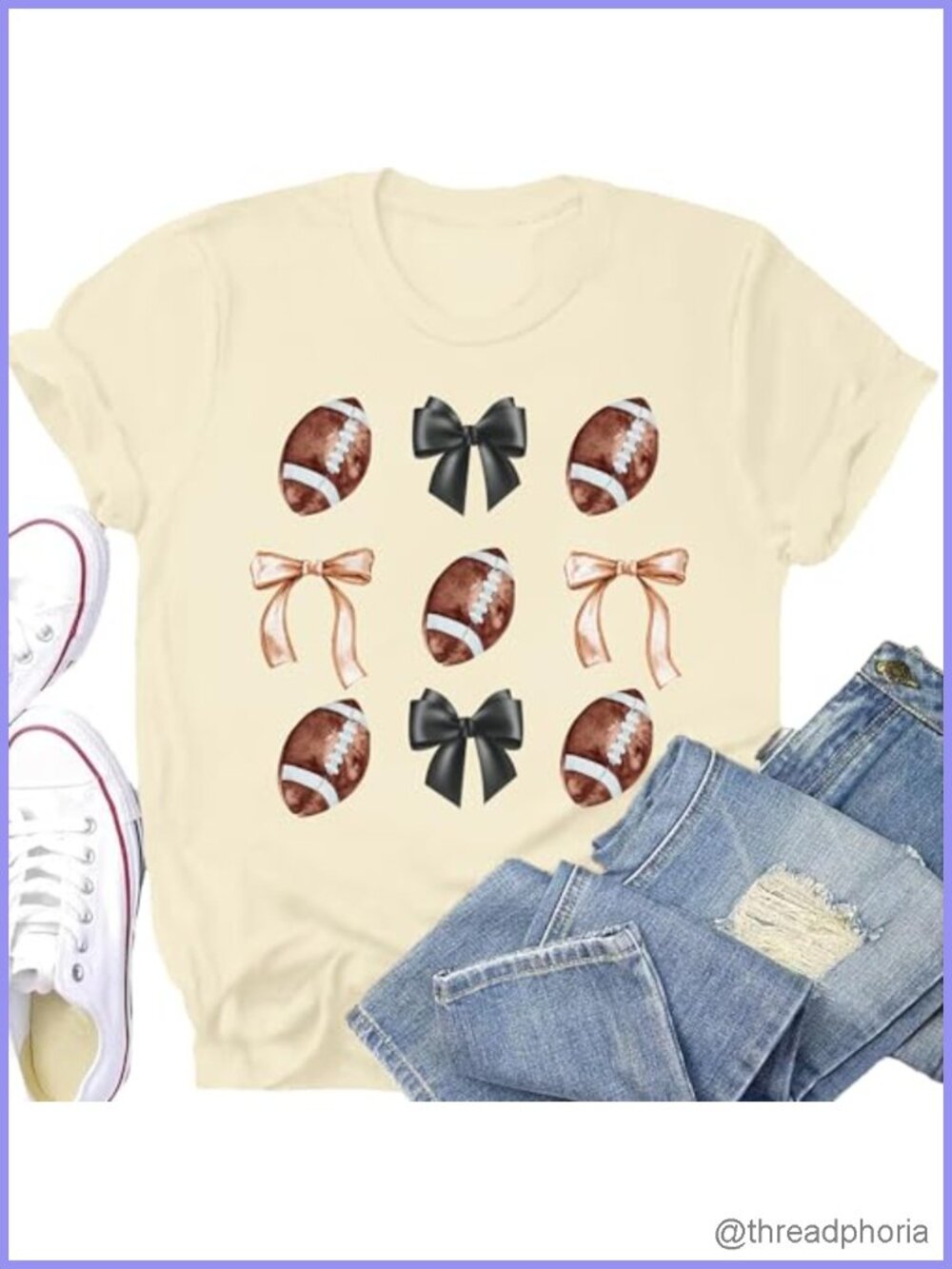 Funny Football Tee for Women Rugby Fan Bow Print Sporty Game Day Top